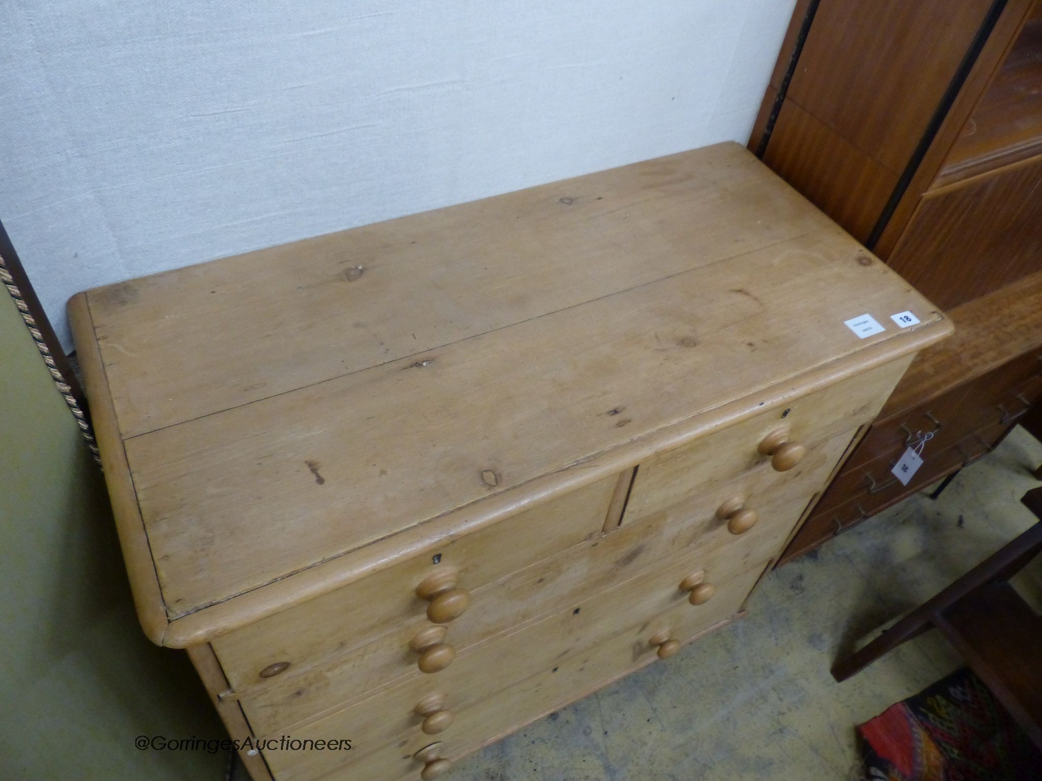 A Victorian pine chest of two short and three long drawers, width 96cm, depth 45cm, height 94cm